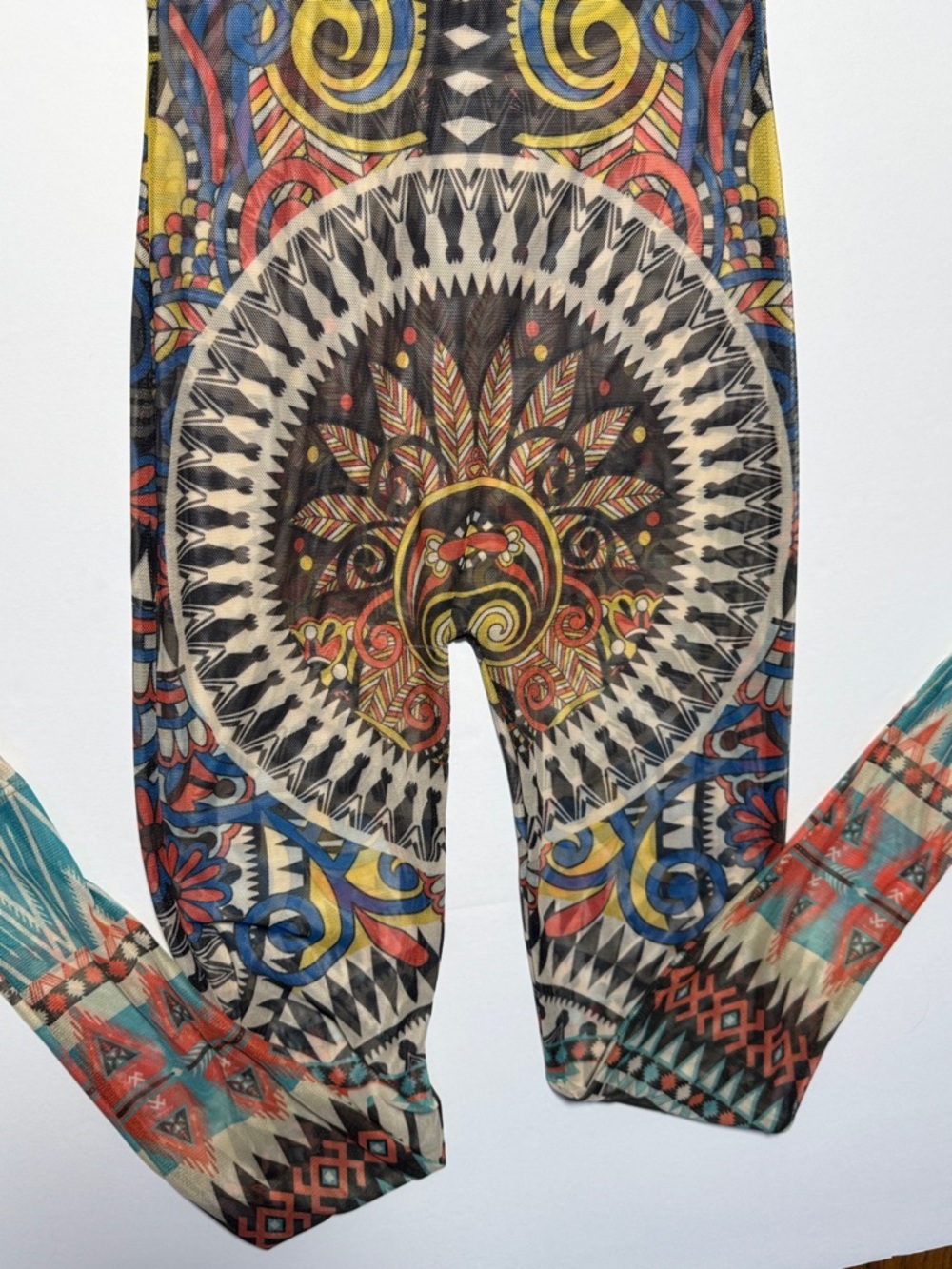 VINTAGE 90's Kaleidoscope Tribal Print Mesh Sheer Stretch Jumpsuit Cat Suit M - Picture 3 of 16